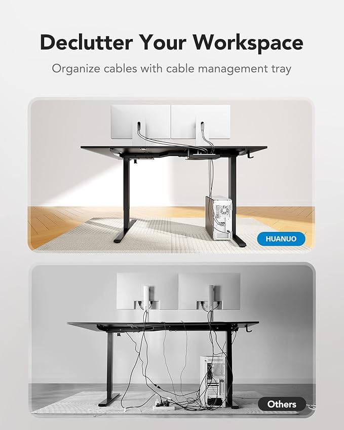 HUANUO 71 x 48 inch Dual Motor L Shaped Electric Standing Desk with 3 Preset Heights, Electric Height Adjustable Computer Table, 2 Hooks & Cable Tray, Raising Desk for Home Office, Black