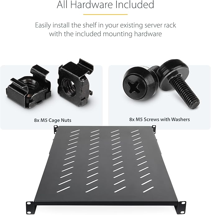 StarTech.com 1U 4-Post Server Rack Shelf, Vented, Adjustable Mounting Depth (28-34.4in/71.1-87.3cm), 150lb (68kg) Capacity
