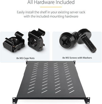 StarTech.com 1U 4-Post Server Rack Shelf, Vented, Adjustable Mounting Depth (28-34.4in/71.1-87.3cm), 150lb (68kg) Capacity