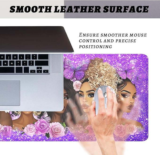 Black Women Gaming Mouse Pad Strong Purple Butterfly Floral Extended Gaming Mouse Pad Mat with Stitched Edge Non-Slip Base Big Mousepad 31.5"x11.8"