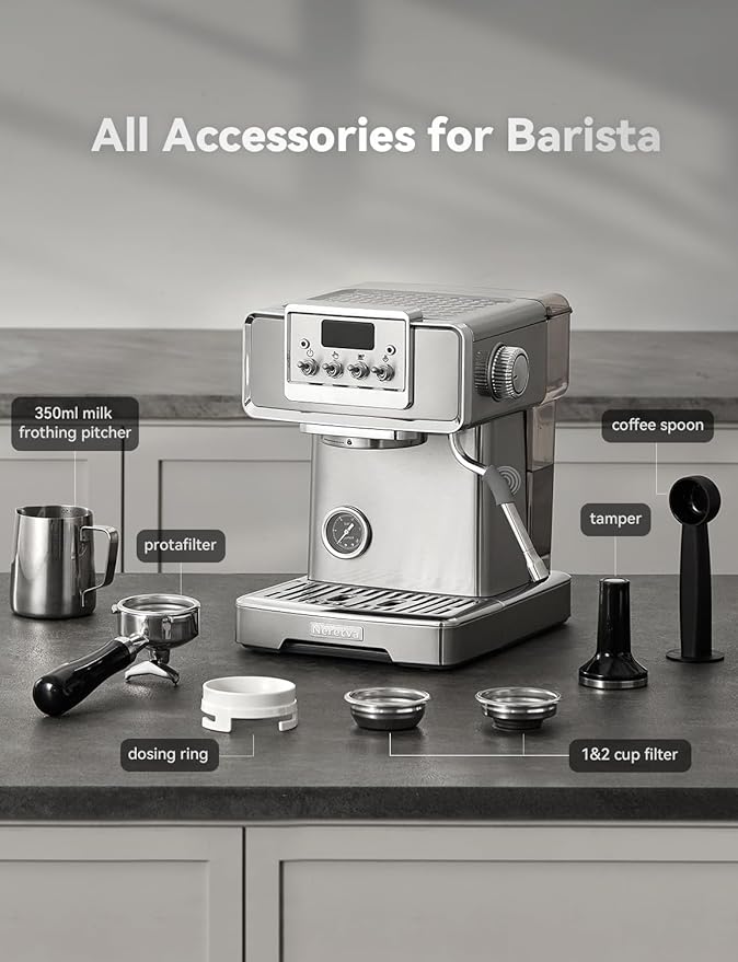 Neretva Espresso Machine, 58mm Professional Espresso Coffee Machine 15 Bar Retro Espresso Maker with Powerful Milk Frother & Visible Pressure Gauge for Home Barista Latte and Cappuccino Maker-Silver