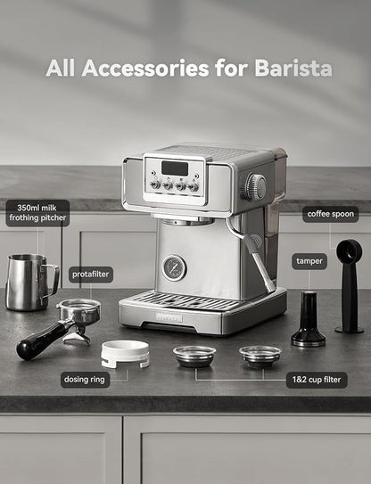 Neretva Espresso Machine, 58mm Professional Espresso Coffee Machine 15 Bar Retro Espresso Maker with Powerful Milk Frother & Visible Pressure Gauge for Home Barista Latte and Cappuccino Maker-Silver
