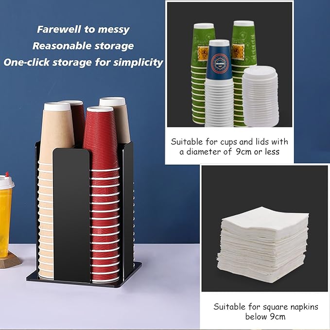 Tirifer Cup and Lid Holder, Coffee Cup Dispenser, Acrylic Cup Storage Organizer, Disposable Paper Cup Storage Holder with 4 Compartments for Countertop Coffee Station Bar Restaurant, Black