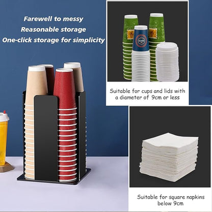 Tirifer Cup and Lid Holder, Coffee Cup Dispenser, Acrylic Cup Storage Organizer, Disposable Paper Cup Storage Holder with 4 Compartments for Countertop Coffee Station Bar Restaurant, Black