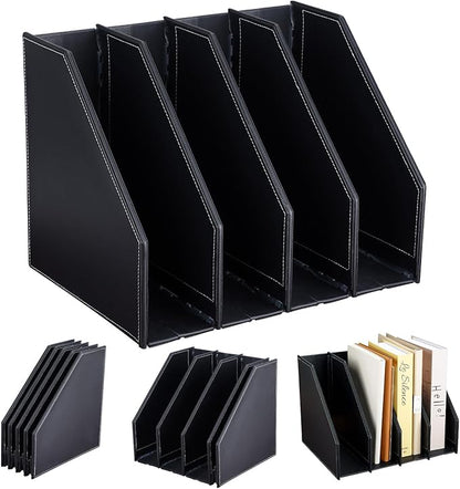 GORESE Collapsible Magazine File Holder, PU Leather Vertical File Folder Organizer for Desk with 4 Compartments, Magazine Holder Binder Storage Clipboard Rack File Sorter for Office Home School, Black