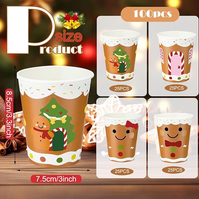 Funtery 100 Pieces Christmas Gingerbread Paper Cups Hot Chocolate Cups Xmas Disposable Coffee Cup Gingerbread Man Christmas Tree Candy Xmas 9 Ounce Drinking Tea Paper for Daily Use Holiday