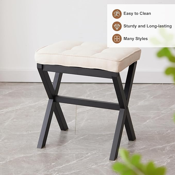 FILWH Foot Stool Small Ottoman Foot Rest Padded Foot Stool Desk Foot Stool for Under Office Desk Vanity Stool Bamboo Footstool Sofa Footrest Shoe Stool Small Foot Stools (Black Legs + Beige)
