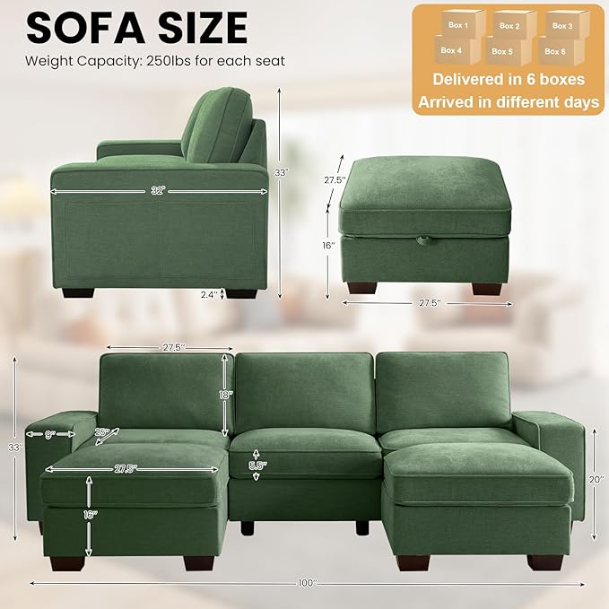 TEKAMON 100" Modular Sectional Sofa with Seats Storage, U Shaped Couch with Movable Ottomans, Chenille Fabric Couch for Living Room, USB Port, Removable Cover(Green, 3 Seater & 2 Ottomans- U Shape)