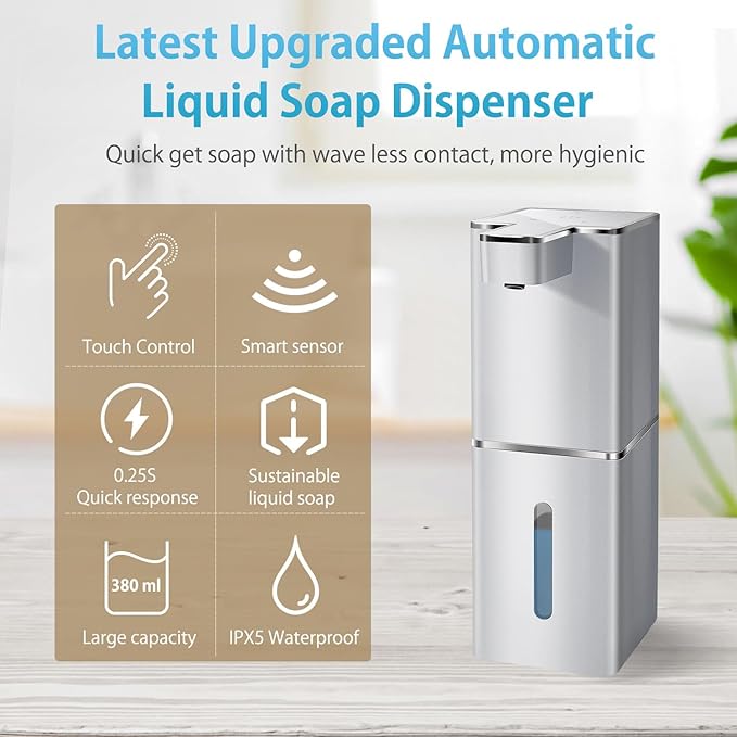 Automatic Liquid Soap Dispenser Touchless Soap Dispenser 380ml/12.8oz Rechargeable, Wall Mounted,4 Levels Adjustable Auto Soap Pump for Bathroom Kitchen Dish Soap