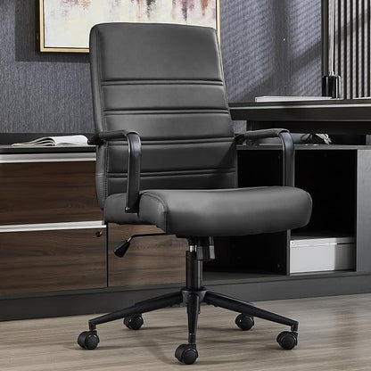 Office Desk Chair Leather, Conference Room Chairs with Wheels, Modern Executive Office Chairs Adjustable Height, Ergonomic Swivel Rolling Ribbed Computer Chair(Matte Black)