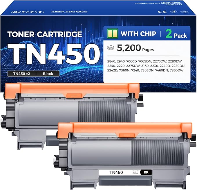 TN450 Toner Cartridge Black 2-Pack Printer Replacement Compatible for Brother TN-450 TN420 TN-420 HL-2270DW HL-2280DW HL-2230 MFC-7360N MFC-7860DW DCP-7065DN Intellifax 2840 2940 MFC-7240 HL-2240D Ink