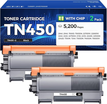 TN450 Toner Cartridge Black 2-Pack Printer Replacement Compatible for Brother TN-450 TN420 TN-420 HL-2270DW HL-2280DW HL-2230 MFC-7360N MFC-7860DW DCP-7065DN Intellifax 2840 2940 MFC-7240 HL-2240D Ink