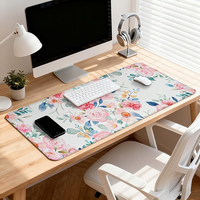 Watercolor Pink Flower Patterns Desk Mat, Large Gaming Mouse Pad Non-Slip Rubber Base with Stitched Edges, Waterproof Protection for PC Laptop Home Office Desk Decor (31.5x15.7in)