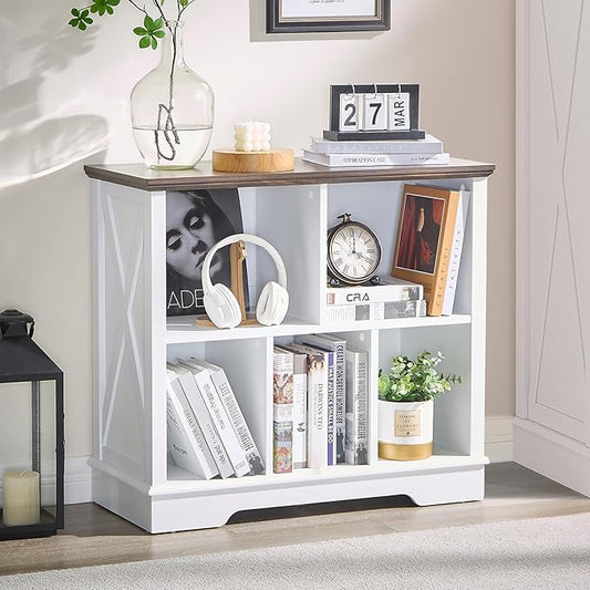 Book Shelf, 5 Cube Storage Organizer, 2-Tier Open Shelf Wooden Bookcase, Freestanding Wood Cube Storage Bookshelf for Bedroom, Living Room, Home Office (White)