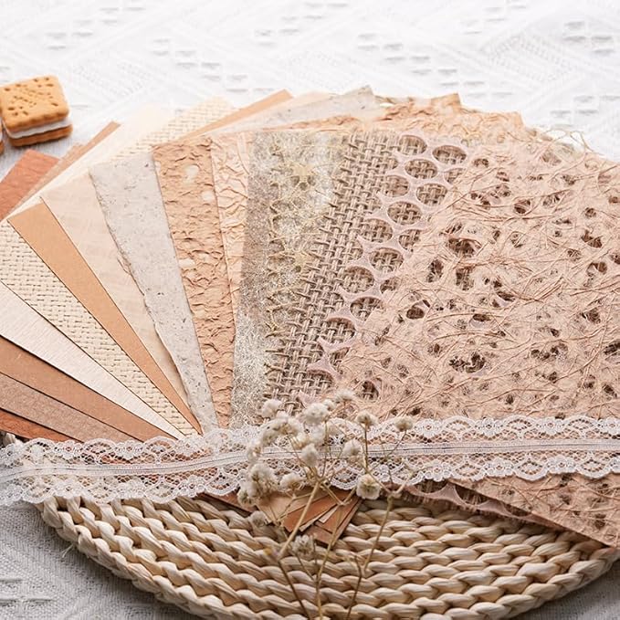 LewuwoPoing 15Pcs Handmade Scrapbook Art Paper Craft Textured Paper Colorful A5 Sheet Mesh Special Paper Mix for Scrapbooking Junk Journal Journaling Supplies DIY Materials,5.8x8.2 inches (Brown)