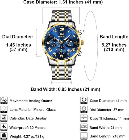 OLEVS Mens Stainless Steel Chronograph Watch, Big Face Roman Numerals Date Analog Quartz Dress Watches for Men, Fashion Multifunctional Waterproof Luminous Hands Men's Wristwatch