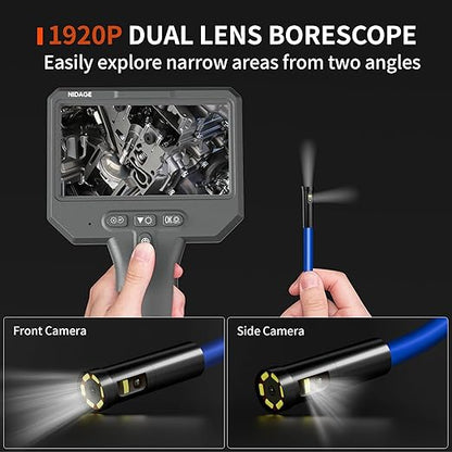 NIDAGE Dual Lens Borescope Inspection Camera 1920P HD Endoscope Camera with Light Waterproof Industrial Endoscope 11.5FT Flexible Snake Cam with 4.3'' IPS Screen, Mechanic Scope Cam Gift for Men