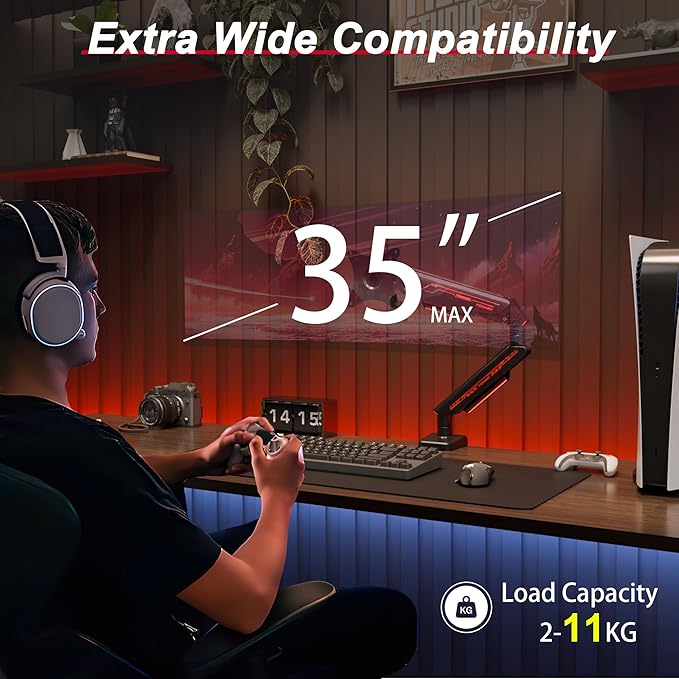 Monitor Arm, Gas Spring Monitor Stand for 17-35 Inch Screens up to 24.3 lbs, Adjustable Mount with C-Clamp & Grommet Base, Ergonomic Computer Monitor Mount (Single Arm Black)