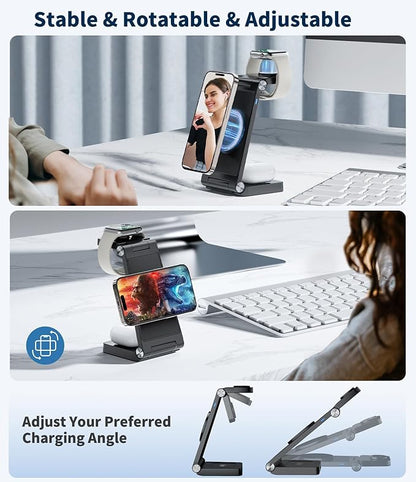 Magnetic Wireless Charging Station, 3 in 1 Fast Max Charging for Smartphone,Watch,TWS - Space-Saving Multi-Device Stand (Black)