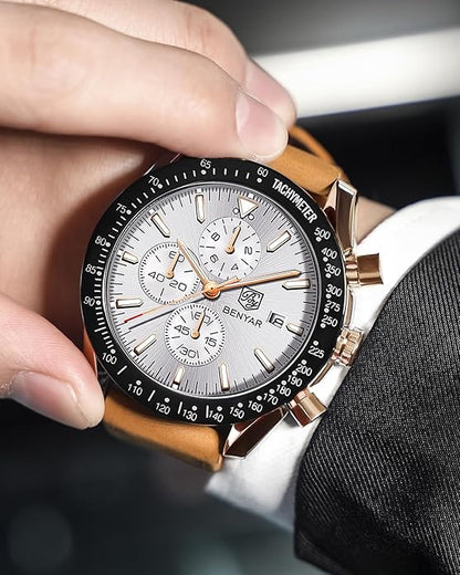 BY BENYAR Watch for Men Analog Quartz Chronograph Waterproof Luminous Designer Mens Wrist Watches Business Work Sport Casual Dress Watch with Silicone Strap Elegant Gifts for Men