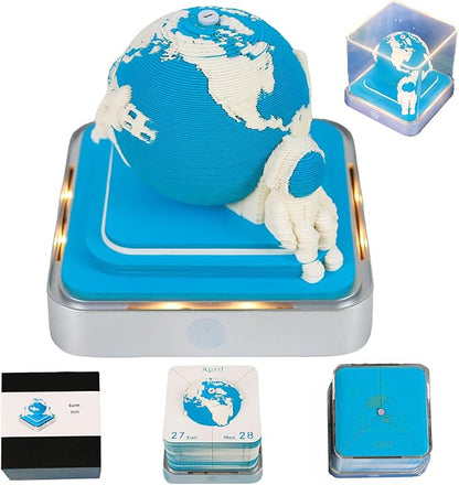 Time Piece Calendar 2026 3D Memo Pad Desk Calendar Tear Away Notepad with Lights DIY Art Carving Sticky Notes Artwork Gift for Thanksgiving Christmas Office Desktop Decoration-Blue Earth