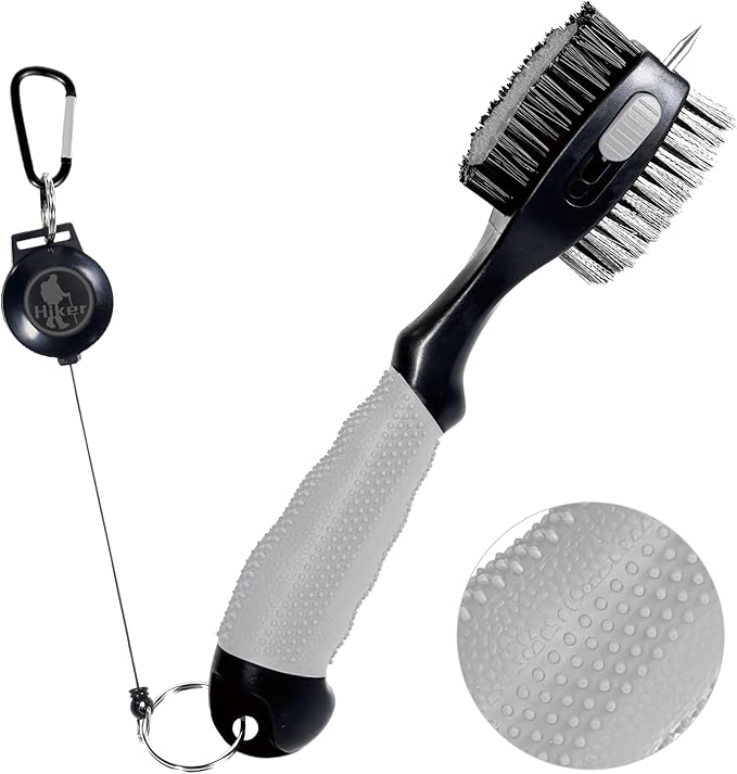 Hiker Golf Club Cleaning Brush with Groove Cleaner, Oversized Double Brush Heads, 24 inch Retractable Zipline Carabiner, Comfortable Rubber Grip for Golf Club Bag Accessories(Grey)