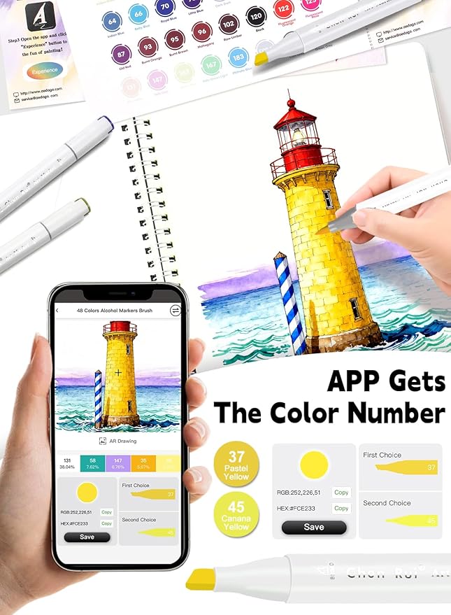 YHC 48 Alcohol Brush Marker with Free App, Chen Rui Dual Tips Art Markers for Adults, Alcohol Based Brush & Chisel Tips Markers for Drawing, Coloring, Painting, Sketching