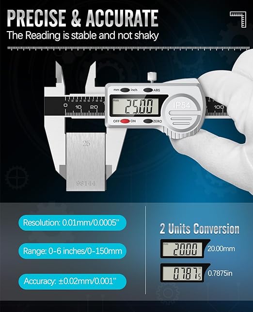 Housolution Digital Caliper 6 inch,(ABS) Absolute Scale Caliper,IP54 Caliper Measuring Tool, Inch/MM, Auto-Off LCD Stainless Steel Waterproof Micrometer Vernier Caliper, with Steel Ruler, Silver