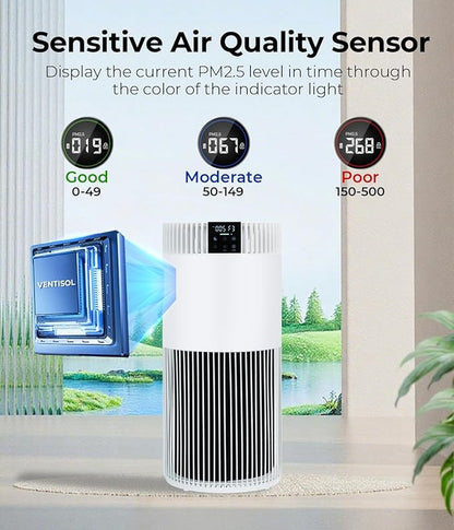 VENTISOL Air Purifiers for Home Large Room 1200 Ft², HEPA Filter Pet Air Purifier for Bedroom,Sleep Mode, with PM 2.5 Display, 360° Remove Smoke Odor, Washable Per Filters, White