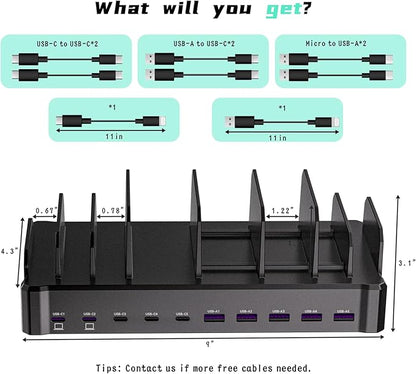 420W Charging Station for Multiple Devices, Zobirez 10-Port USB C Fast Charger Stations for MacBook, iPhone, Android Cell Phone, iPad, Tablet, Family Multi-Device Organizer Charging Dock, Black