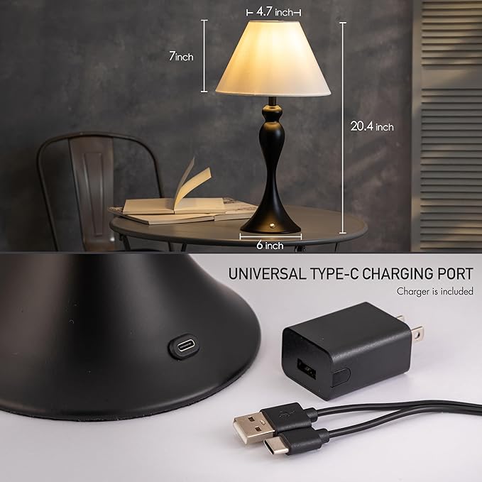 O'Bright Ember Cordless Table Lamp – Rechargeable, Touch Dimmable, Battery Operated, E26 LED Bulb, Type-C Fast Charging, Portable Lamp for Bedroom, Living Room, Office, Black