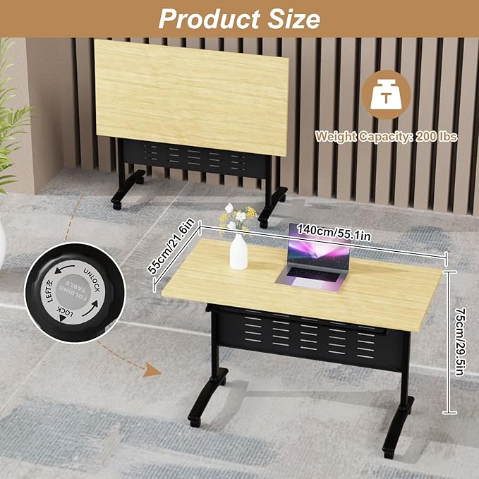Folding Conference Table,Conference Table with Wheels,Large Flip-Top Training Table,Freely Combinations,Easy to Move for Offices, Schools,Training Rooms（6,A-Yellow,55in