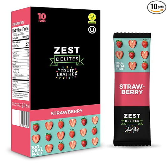 Dried Fruit Bars by Zest Delites, Fruit Leather Snacks, Strawberry Strips, Healthy Snacks Pack for Adults & Kids, Lavashak, Vegan, Apple-Based, Strawberry, 0.88 oz x 10