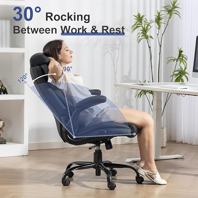 Brage Living 400LBS Big and Tall Office Chair, Heavy Duty Leather Executive Desk Chair with Padded Flip-up Arms, Swivel Rolling Computer Chair for Home Office, Black
