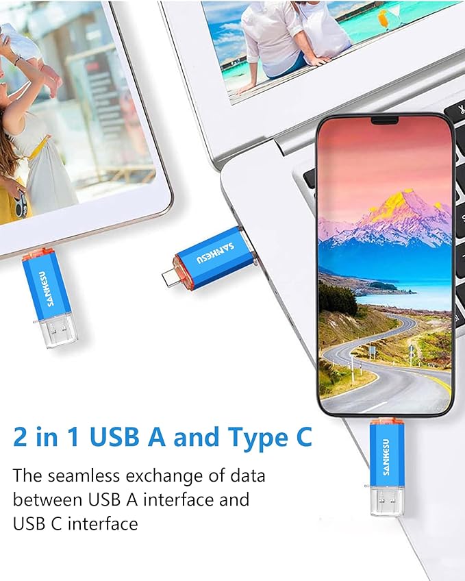 2 Pack 128GB USB C Flash Drive 120MB/s, 3.0 Jump Drive USB-A & Type-C OTG Memory Stick, Dual Thumb Drive for PC/Laptop/Type C Cell Phone and Tablet (Silver/Blue)