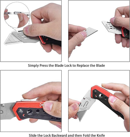 Folding Utility Knife, Heavy Duty Box Cutter Knife, Pocket Razor Utility Knives with 10 Razor Blades, Screwdriver, Saw, Belt Clip, Safety Lock, EDC Work Knives, Gifts for Men Wowen