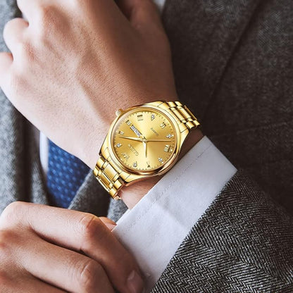Men's Casual Stainless Steel Watch, Big Face Easy to Read Analog Quartz Watch with Day and Date, Classic Waterproof Diamond Roman Arabic Numerals Dial Dress Watch for Men, Gold Silver Black Band