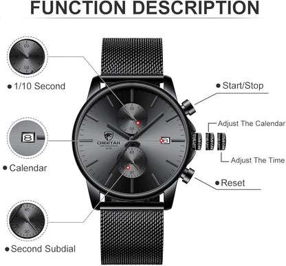 GOLDEN HOUR Mens Watch Fashion Sleek Minimalist Quartz Analog Mesh Stainless Steel Waterproof Chronograph Watches for Men with Auto Date