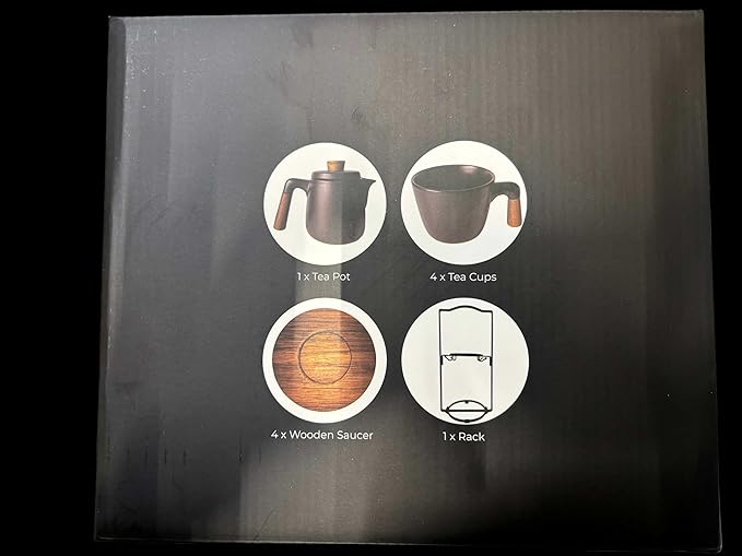 MIAMIO – 34 Oz Ceramic Tea Pot Set with Infuser and Cups/Tea Strainer, 4 Ceramic Tea Mugs (10 Oz), Bamboo Saucers/Handle for Home and Office (Black)