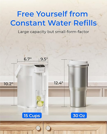 Waterdrop Rechargeable Water Filter Dispenser, 200-Gallon Water Pitcher, Instant 15-Cup Countertop System, 10X Filtration Efficiency, Reduce 98% Chlorine and 20+ Contaminants, White