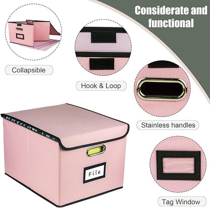 Collapsible File Organizer Box, filing Storage boxes for hanging files with lid, Linen Portable file folder box with handle, Decorative Document Storage Bins for Office/Home/Décor(Pink)