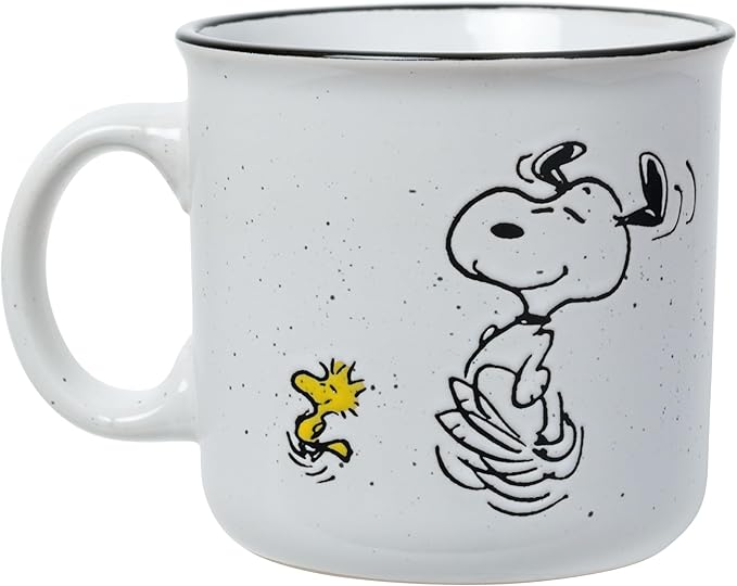 Silver Buffalo Peanuts Snoopy Woodstock Happy Dance Wax Resist 20oz Ceramic Camper Mug