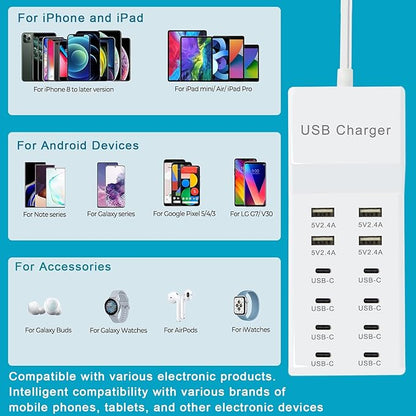 USB C Power Strip, 100W USB Charging Station 4 USB-A Ports and 8 USB-C Ports Multiple USB Charging Block with Auto-Detect Technology Compatible with Smart iPhone Tablet Laptop Multiple Devices