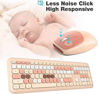 KNOWSQT Wireless Keyboard and Mouse Combo, Pale Milktea Full-Sized 2.4G Silent Keycap Colorful Keyboards, USB Dongle Plug Play, for Laptop, Windows, PC, Computer, Desktop