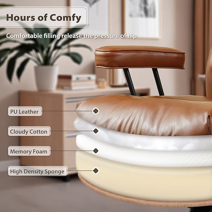 HOOOWOOO Ergonomic Office Chair,Mid Century Modern Computer Desk Chair,Comfy Executive Chair with Extra Wide Tufted Cloudy Seat Lumbar Support High Reclining Back,PU Leather Light Brown