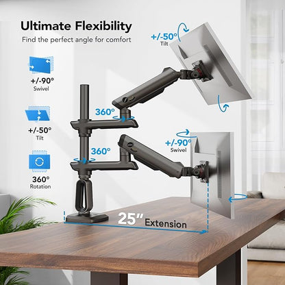 HUANUO Dual Monitor Arm for 13-49" Ultrawide Screens up to 40 lbs, Heavy Duty Aluminum Extra Tall Monitor Desk Mount, Vertical Stacked Fully Adjustable Dual Monitor Mount, Max VESA 100x100