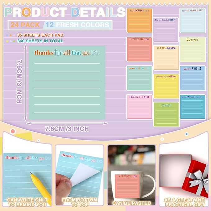 Yinder 12 Pcs Employee Appreciation Sticky Notes Xmas Gift Bulk Motivation Note Pad Mini Inspirational Note Gift for Teacher Nurse Staff Coworker Office Supply 3 x 3'' (Appreciation,Light)