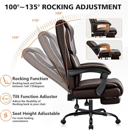 400lbs Office Chair with Foot Rest, Reclining Big and Tall Office Chair with Lumbar Support, High Back PU Leather Computer Chair,Comfy Desk Chair for Home Office (Casual) (Brown)