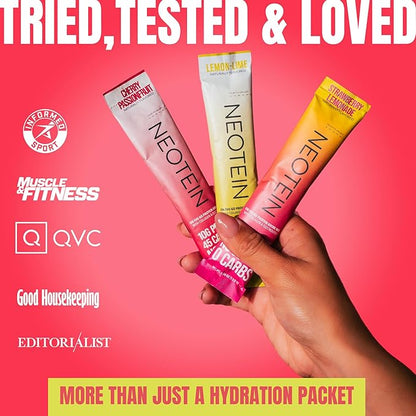 NEOTEIN: Electrolyte Powder Packets, Protein Powder with 10g Protein & Collagen | Hydration Packets - Zero Sugar, NO Fillers, NO Carbs | Cherry Passionfruit | 45 Calories | Keto & Paleo | Pack of 15