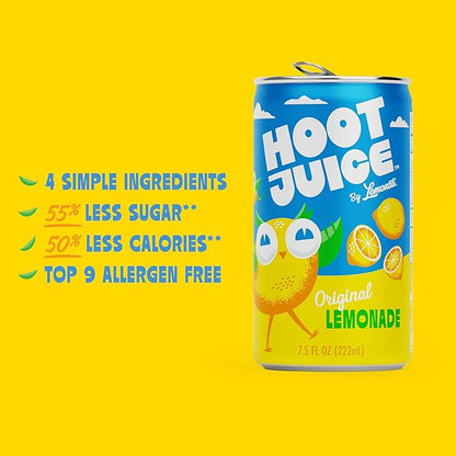 Hoot Juice Lemonade By Lemonati, No Artificial Sweeteners or Flavors, Gluten-Free, Kosher, Non-GMO, Vegan, 7.5 Fl Oz Mini-Cans (24pk, Lemonade)